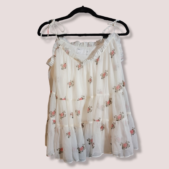 ASOS Womens Tiered Sheer White Cami in Floral Print white and pink Size 12 - Picture 1 of 2